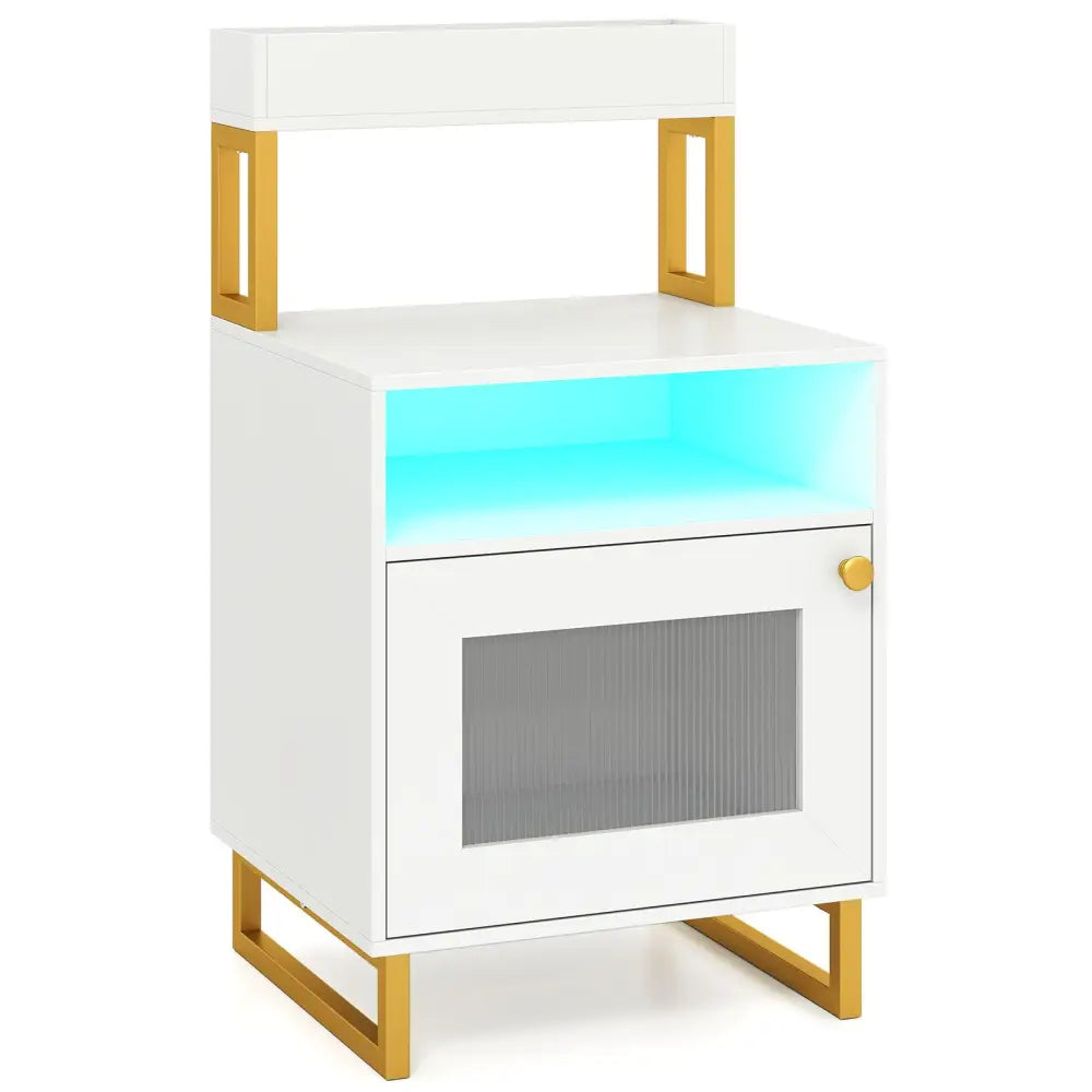 Nightstand with LED Lights Modern End Table with Top Tray Open Compartment and Storage Cabinet-White - White