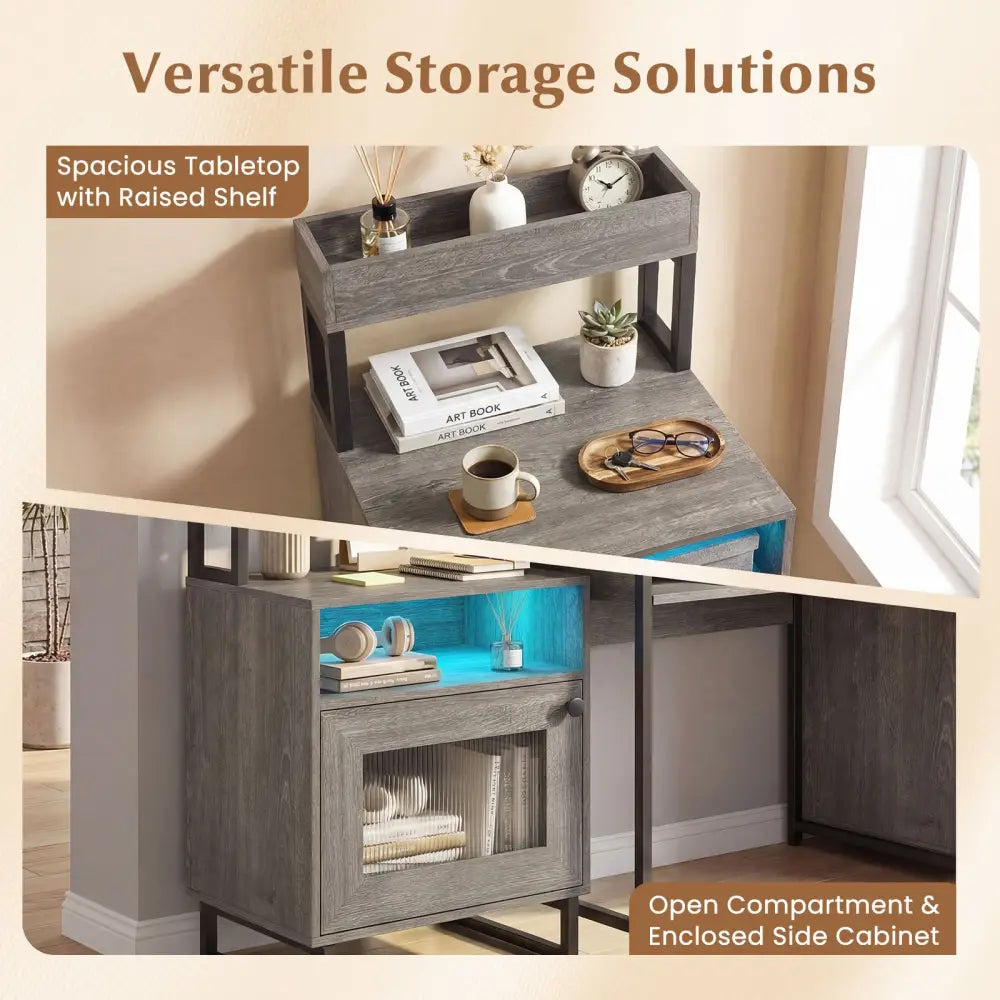 Nightstand with LED Lights Modern End Table with Top Tray Open Compartment and Storage Cabinet-Gray - Gray - Nightstands
