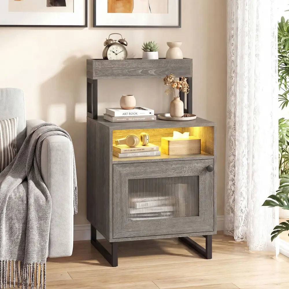 Nightstand with LED Lights Modern End Table with Top Tray Open Compartment and Storage Cabinet-Gray - Gray - Nightstands