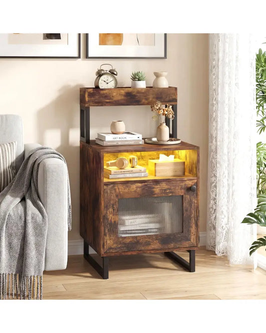 Nightstand with LED Lights Modern End Table with Top Tray Open Compartment and Storage Cabinet-Rustic Brown - Rustic