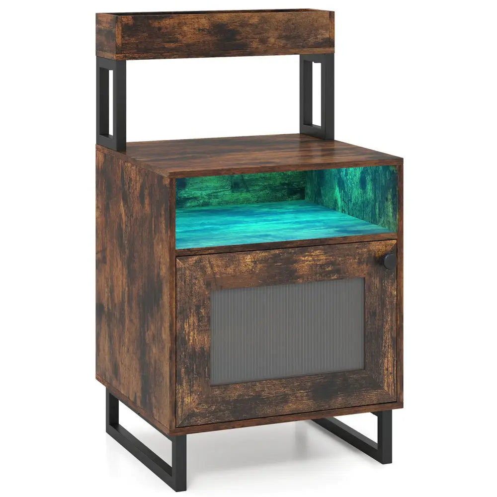 Nightstand with LED Lights Modern End Table with Top Tray Open Compartment and Storage Cabinet-Rustic Brown - Rustic