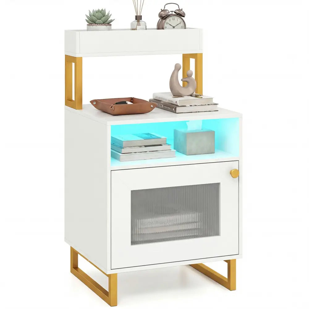 Nightstand with LED Lights Modern End Table with Top Tray Open Compartment and Storage Cabinet-White - White