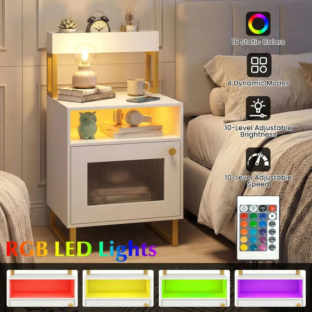 Nightstand with LED Lights Modern End Table with Top Tray Open Compartment and Storage Cabinet-White - White
