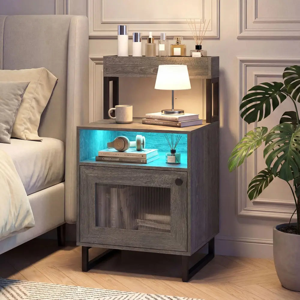 Nightstand with LED Lights Modern End Table with Top Tray Open Compartment and Storage Cabinet-Gray - Gray - Nightstands