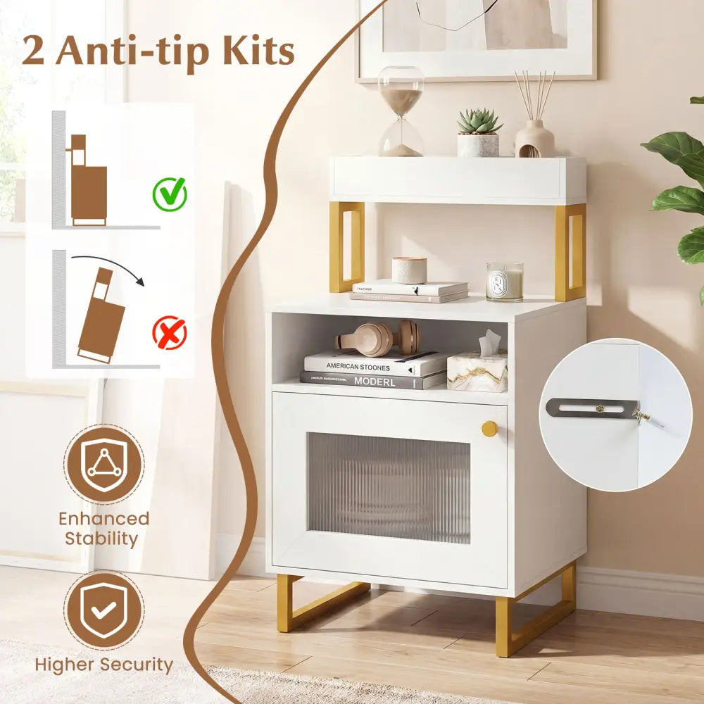 Nightstand with LED Lights Modern End Table with Top Tray Open Compartment and Storage Cabinet-White - White
