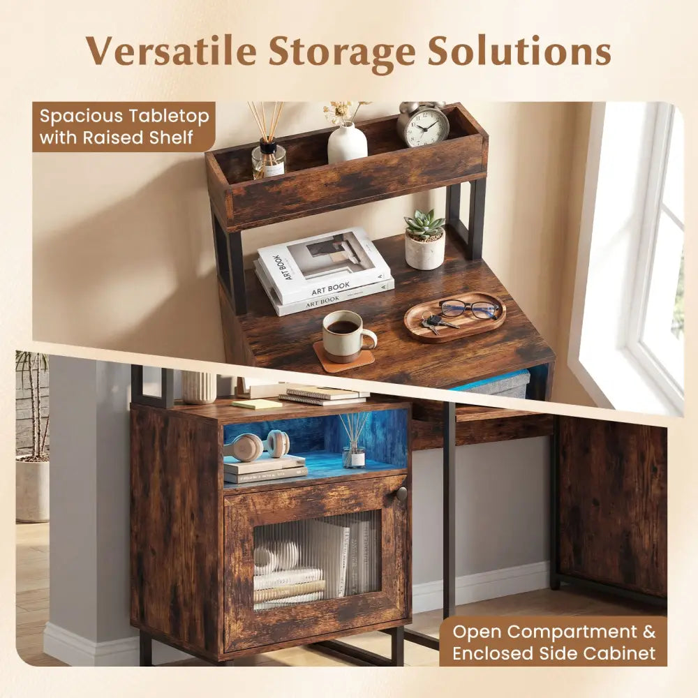 Nightstand with LED Lights Modern End Table with Top Tray Open Compartment and Storage Cabinet-Rustic Brown - Rustic