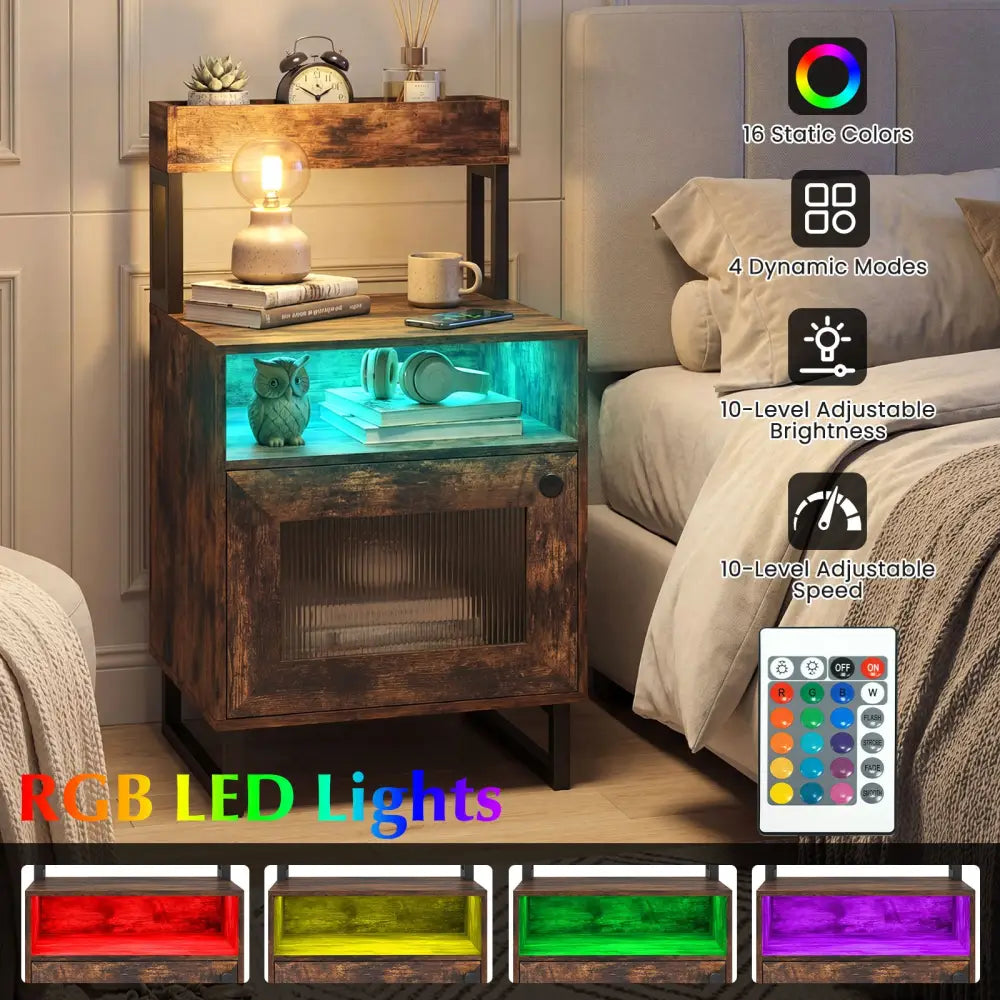 Nightstand with LED Lights Modern End Table with Top Tray Open Compartment and Storage Cabinet-Rustic Brown - Rustic