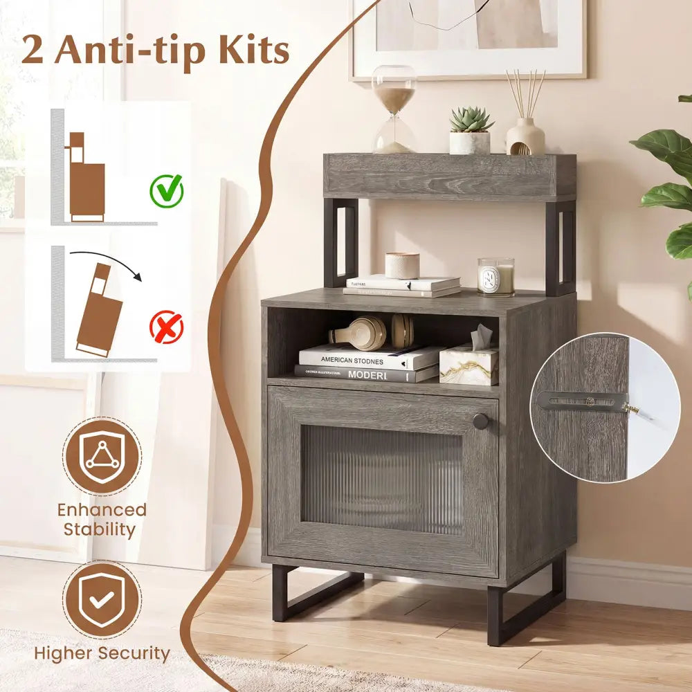 Nightstand with LED Lights Modern End Table with Top Tray Open Compartment and Storage Cabinet-Gray - Gray - Nightstands