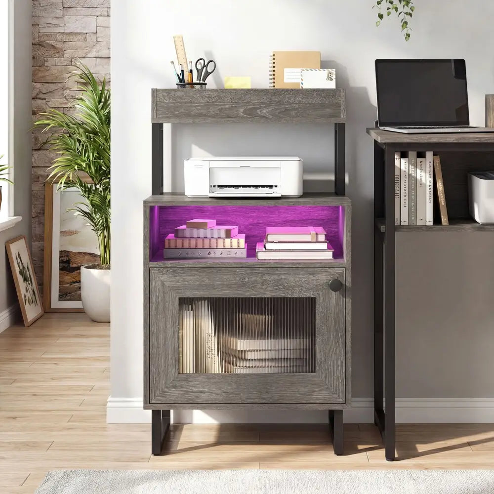 Nightstand with LED Lights Modern End Table with Top Tray Open Compartment and Storage Cabinet-Gray - Gray - Nightstands