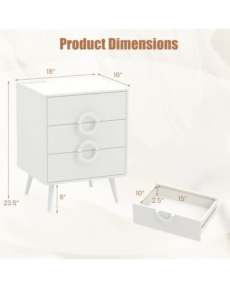 Nightstand with Power Outlets and 3 Drawers Modern Bedside Table with Cable Hole-White - White - Nightstands