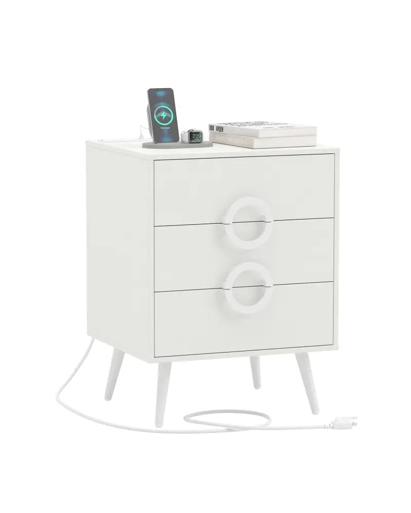 Nightstand with Power Outlets and 3 Drawers Modern Bedside Table with Cable Hole-White - White - Nightstands