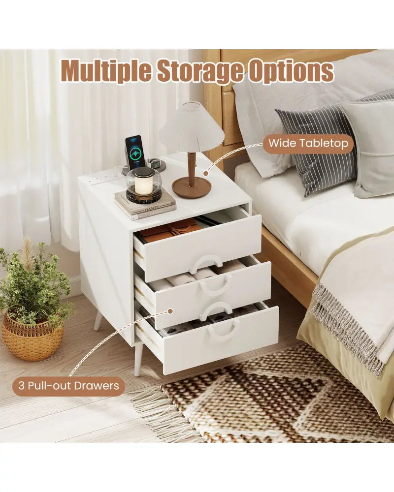 Nightstand with Power Outlets and 3 Drawers Modern Bedside Table with Cable Hole-White - White - Nightstands