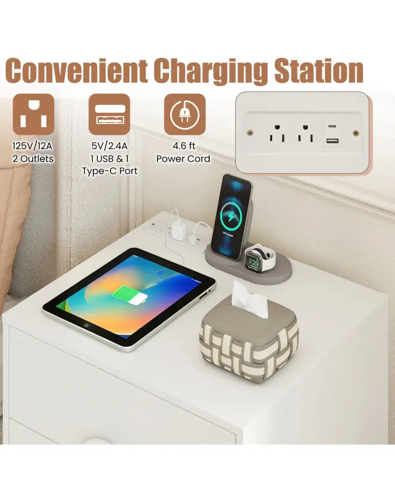 Nightstand with Power Outlets and 3 Drawers Modern Bedside Table with Cable Hole-White - White - Nightstands