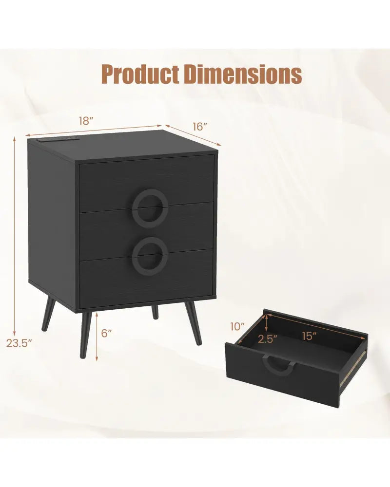 Nightstand with Power Outlets and 3 Drawers Modern Bedside Table with Cable Hole-Black - Black - Nightstands