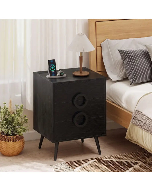 Nightstand with Power Outlets and 3 Drawers Modern Bedside Table with Cable Hole-Black - Black - Nightstands
