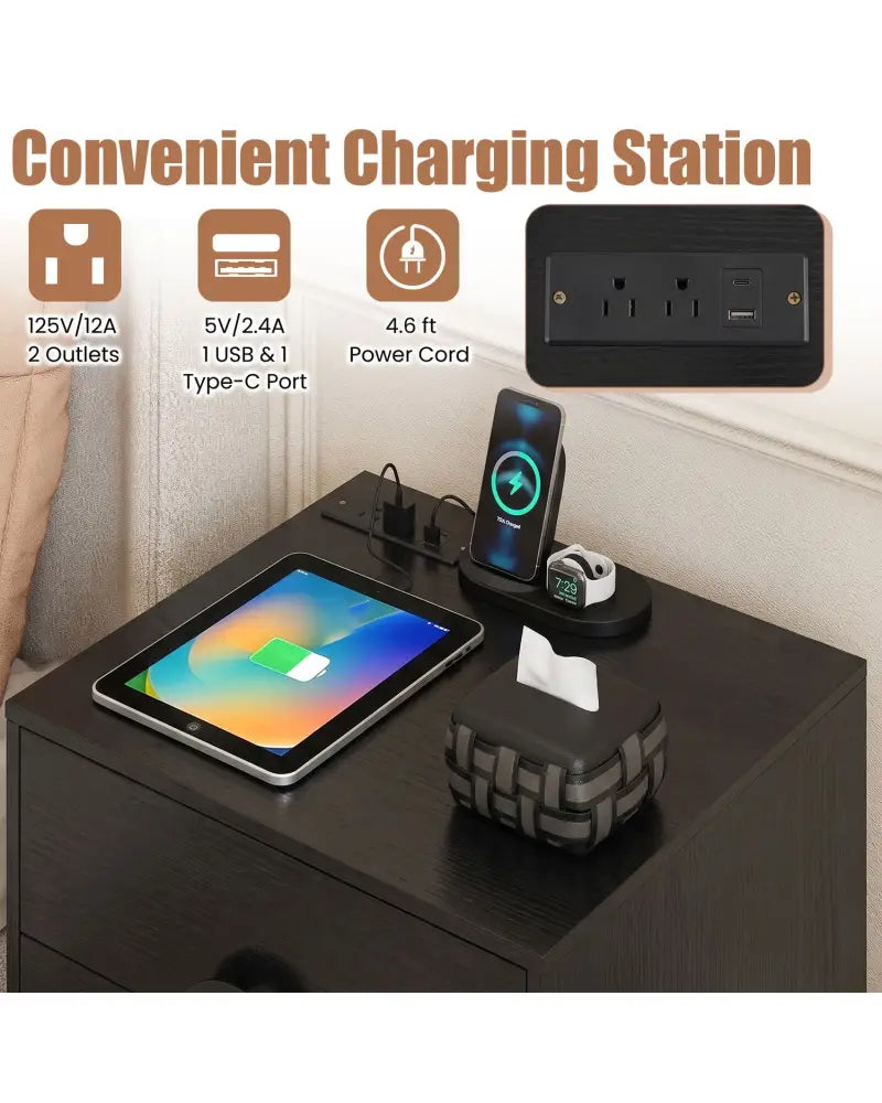 Nightstand with Power Outlets and 3 Drawers Modern Bedside Table with Cable Hole-Black - Black - Nightstands