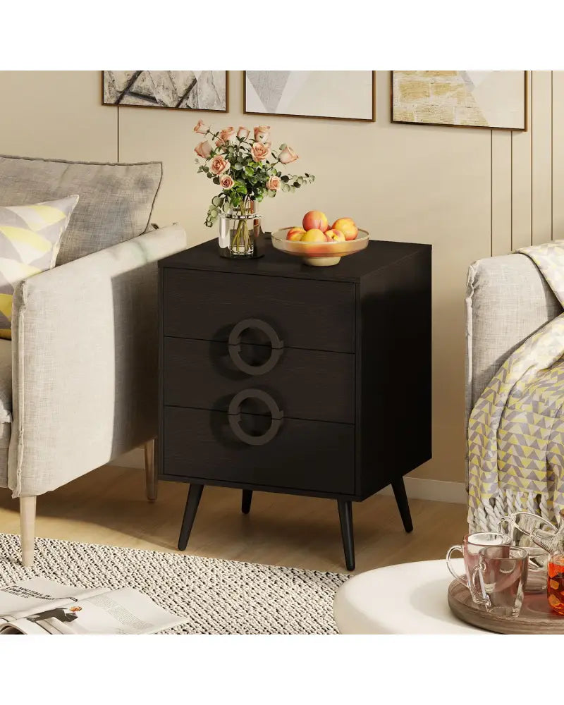 Nightstand with Power Outlets and 3 Drawers Modern Bedside Table with Cable Hole-Black - Black - Nightstands