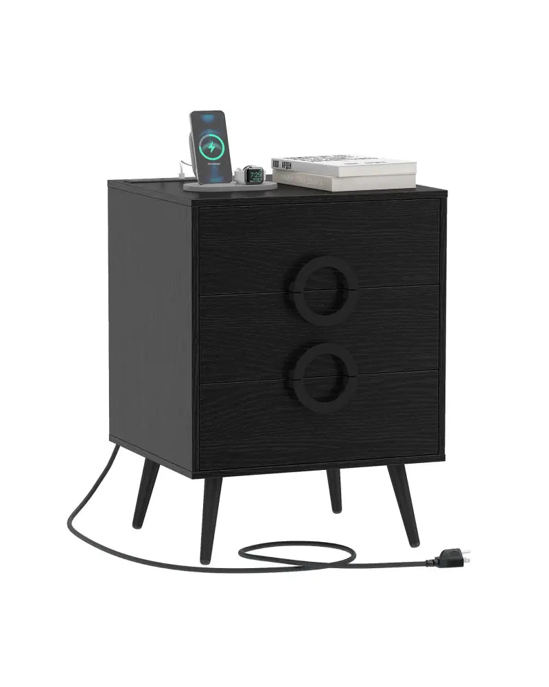 Nightstand with Power Outlets and 3 Drawers Modern Bedside Table with Cable Hole-Black - Black - Nightstands