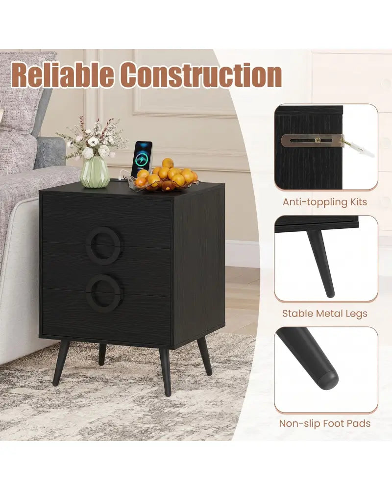 Nightstand with Power Outlets and 3 Drawers Modern Bedside Table with Cable Hole-Black - Black - Nightstands
