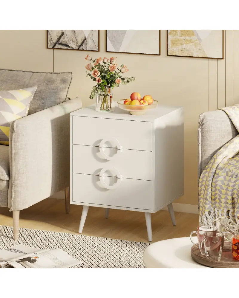 Nightstand with Power Outlets and 3 Drawers Modern Bedside Table with Cable Hole-White - White - Nightstands