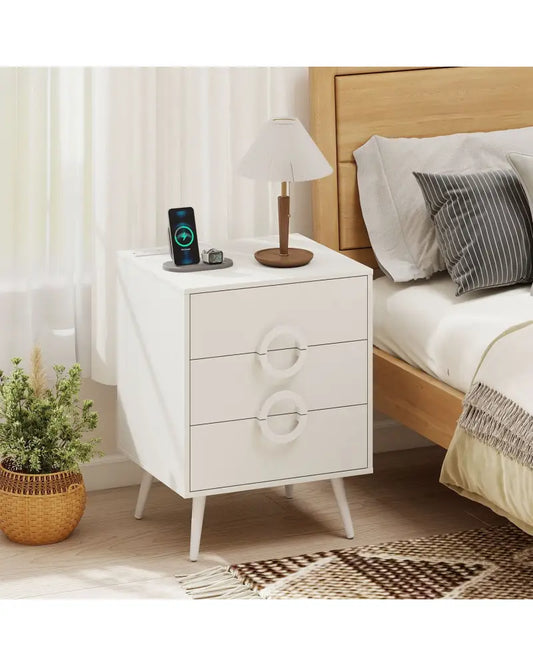 Nightstand with Power Outlets and 3 Drawers Modern Bedside Table with Cable Hole-White - White - Nightstands