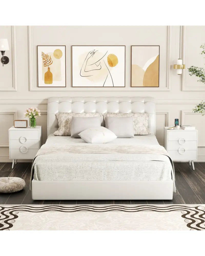 Nightstand with Power Outlets and 3 Drawers Modern Bedside Table with Cable Hole-White - White - Nightstands