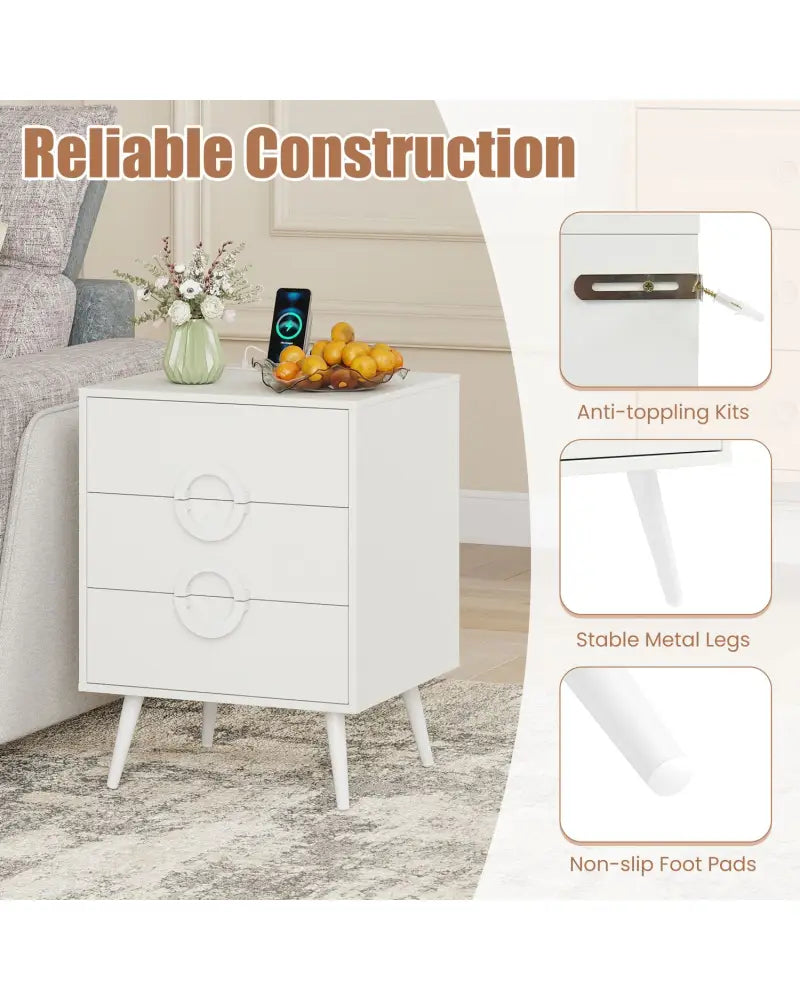 Nightstand with Power Outlets and 3 Drawers Modern Bedside Table with Cable Hole-White - White - Nightstands