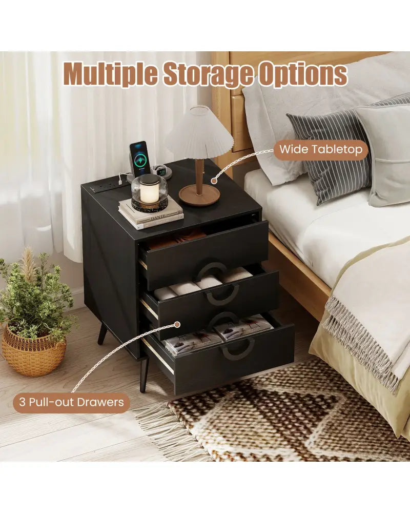 Nightstand with Power Outlets and 3 Drawers Modern Bedside Table with Cable Hole-Black - Black - Nightstands