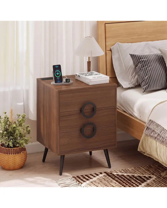 Nightstand with Power Outlets and 3 Drawers Modern Bedside Table with Cable Hole-Walnut - Walnut - Nightstands