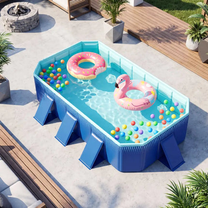 Non-Inflatable Swimming Pool Portable Around Ground Pool with 8 Support Panels-Navy - Navy - Swimming Pools