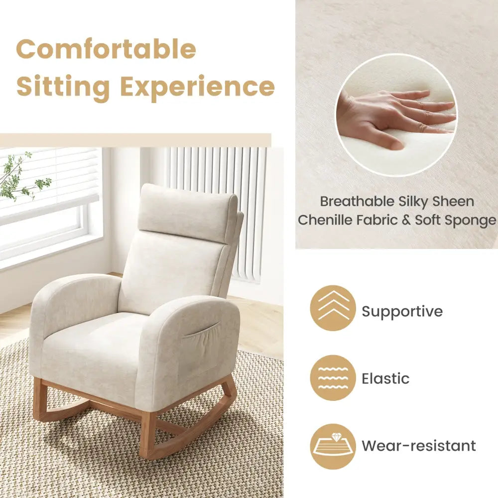 Nursery Rocking Chair Upholstered Chenille Rocker Armchair with Natural Rubber Wood Frame-Beige - Beige - Accent Chairs