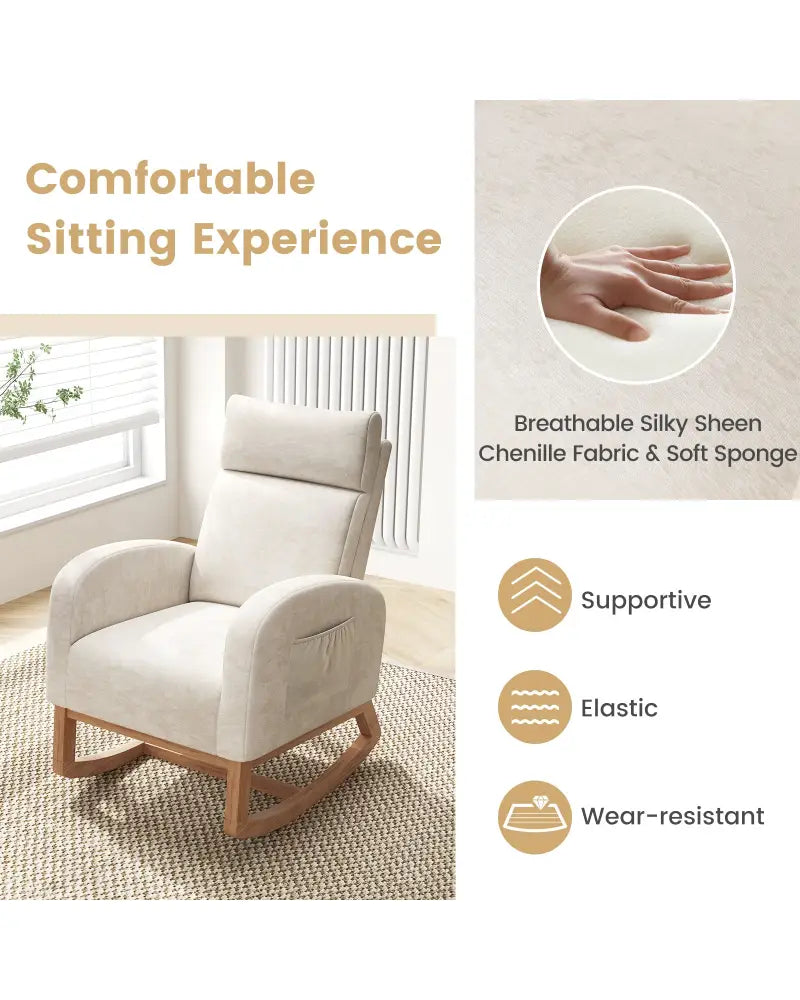Nursery Rocking Chair Upholstered Chenille Rocker Armchair with Natural Rubber Wood Frame-Beige - Beige - Accent Chairs