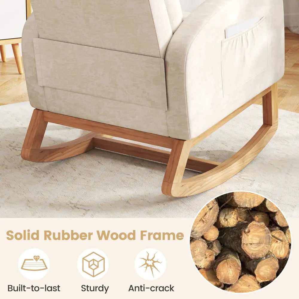 Nursery Rocking Chair Upholstered Chenille Rocker Armchair with Natural Rubber Wood Frame-Beige - Beige - Accent Chairs