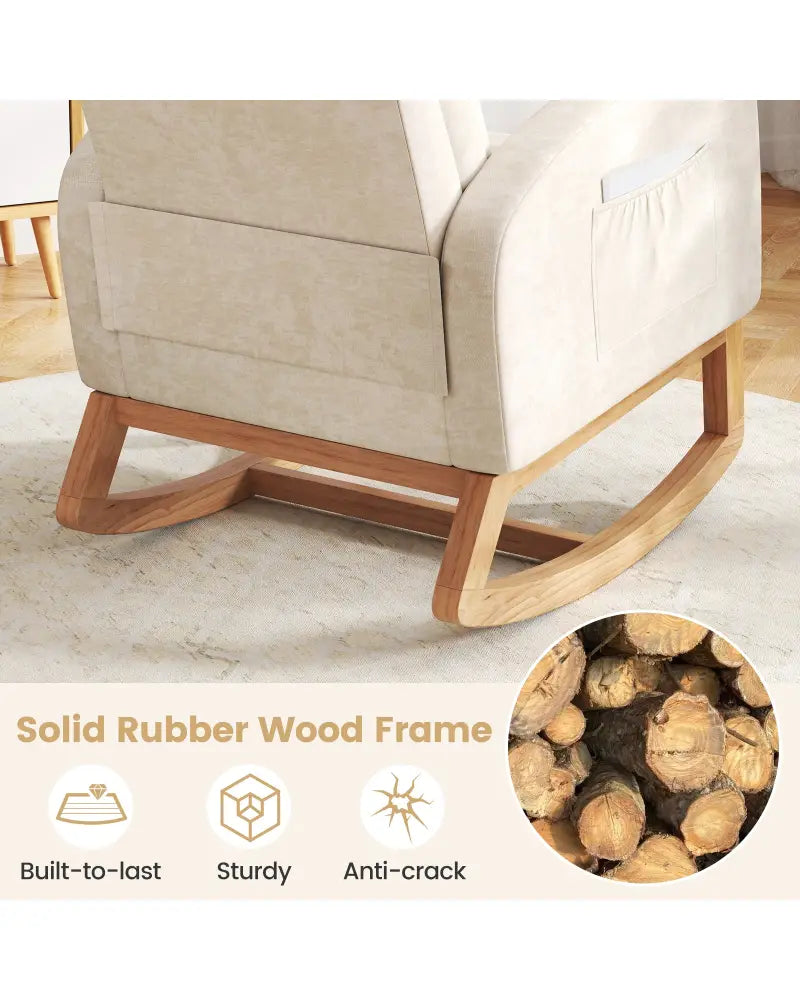 Nursery Rocking Chair Upholstered Chenille Rocker Armchair with Natural Rubber Wood Frame-Beige - Beige - Accent Chairs