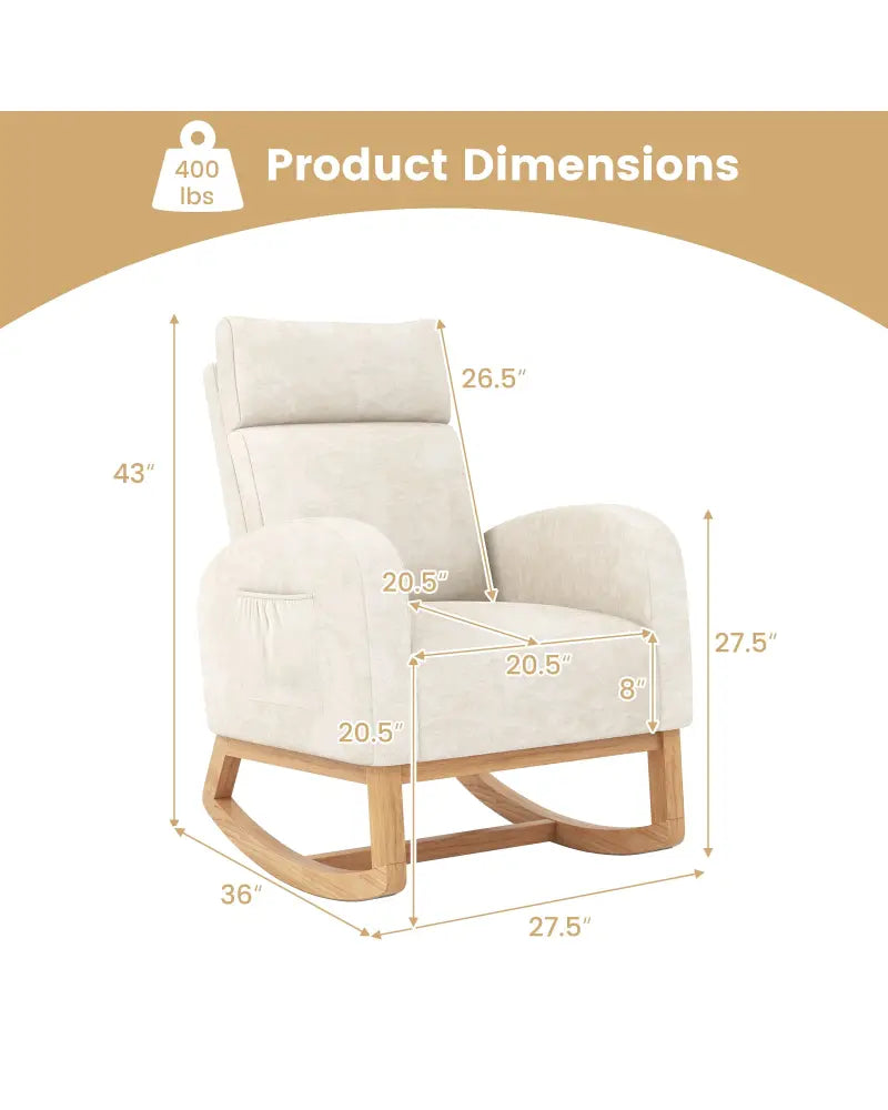 Nursery Rocking Chair Upholstered Chenille Rocker Armchair with Natural Rubber Wood Frame-Beige - Beige - Accent Chairs