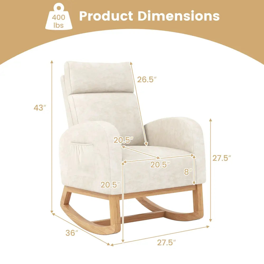 Nursery Rocking Chair Upholstered Chenille Rocker Armchair with Natural Rubber Wood Frame-Beige - Beige - Accent Chairs