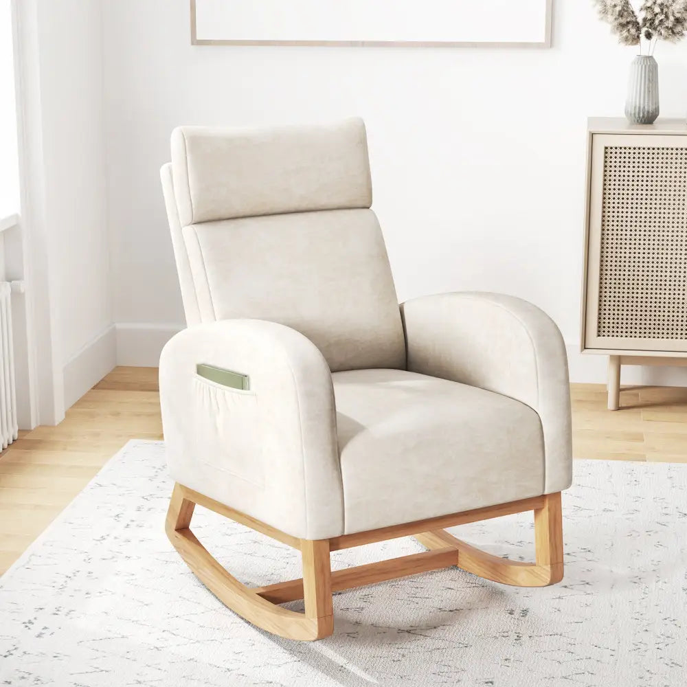 Nursery Rocking Chair Upholstered Chenille Rocker Armchair with Natural Rubber Wood Frame-Beige - Beige - Accent Chairs