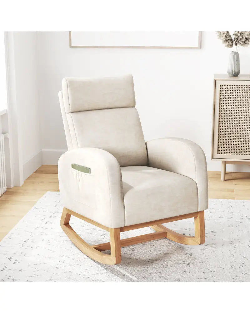 Nursery Rocking Chair Upholstered Chenille Rocker Armchair with Natural Rubber Wood Frame-Beige - Beige - Accent Chairs
