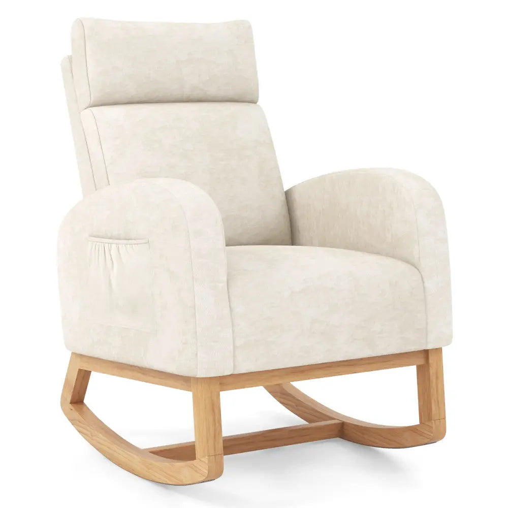 Nursery Rocking Chair Upholstered Chenille Rocker Armchair with Natural Rubber Wood Frame-Beige - Beige - Accent Chairs