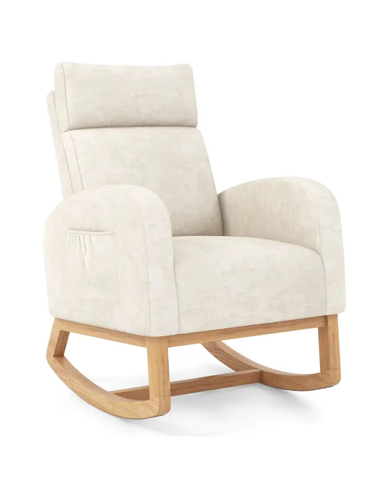 Nursery Rocking Chair Upholstered Chenille Rocker Armchair with Natural Rubber Wood Frame-Beige - Beige - Accent Chairs