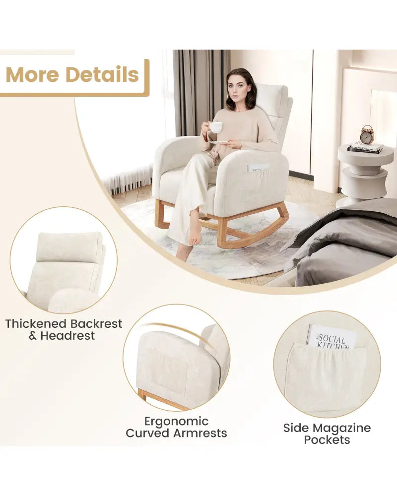Nursery Rocking Chair Upholstered Chenille Rocker Armchair with Natural Rubber Wood Frame-Beige - Beige - Accent Chairs