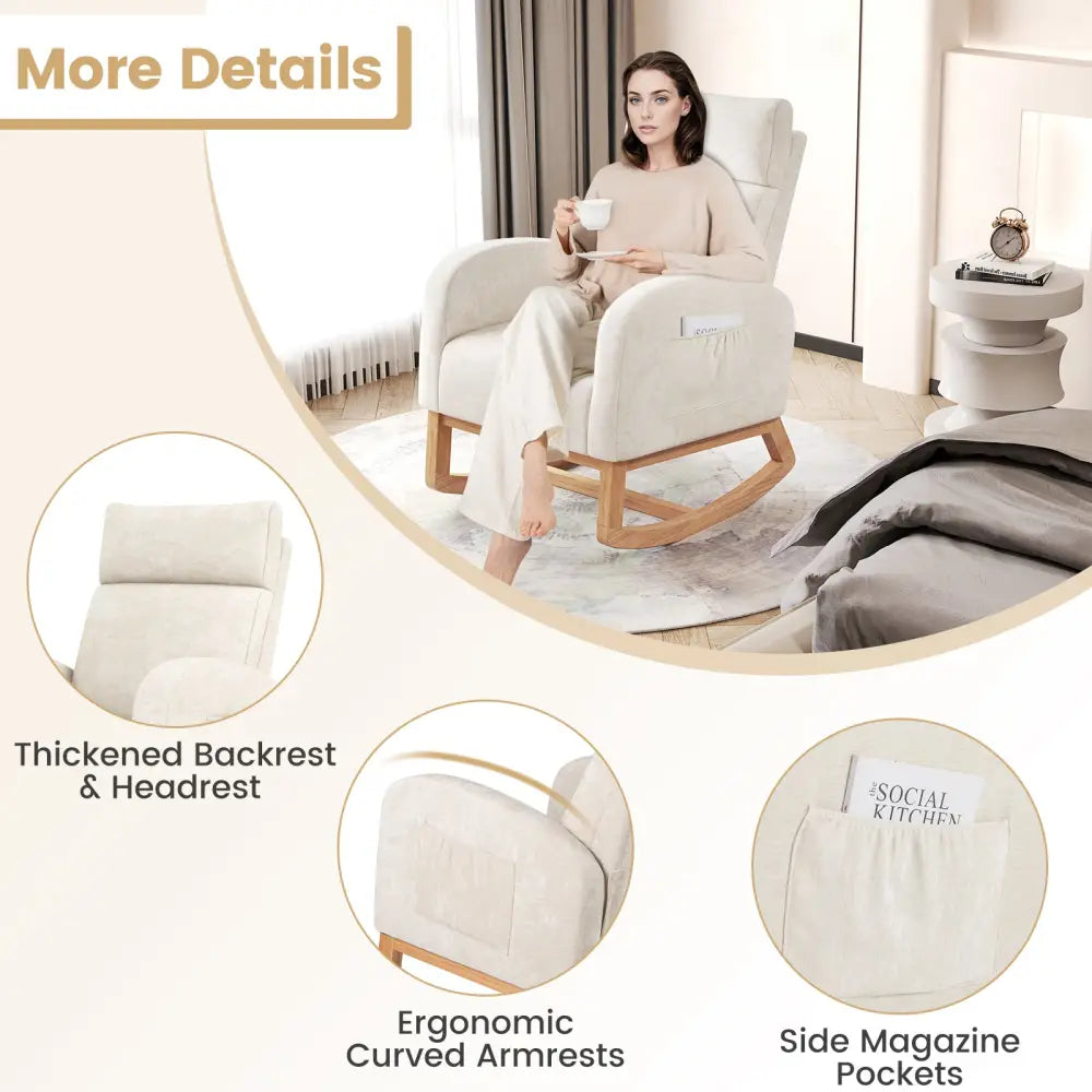 Nursery Rocking Chair Upholstered Chenille Rocker Armchair with Natural Rubber Wood Frame-Beige - Beige - Accent Chairs