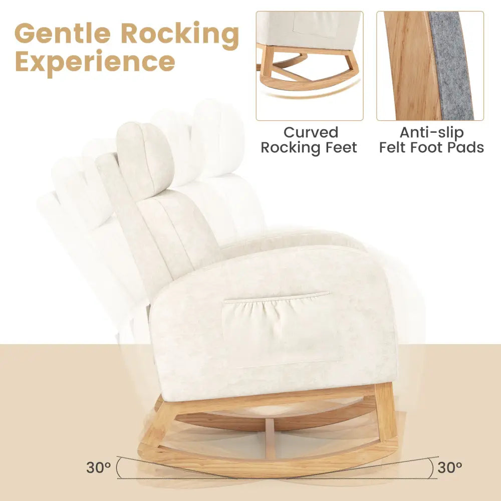 Nursery Rocking Chair Upholstered Chenille Rocker Armchair with Natural Rubber Wood Frame-Beige - Beige - Accent Chairs