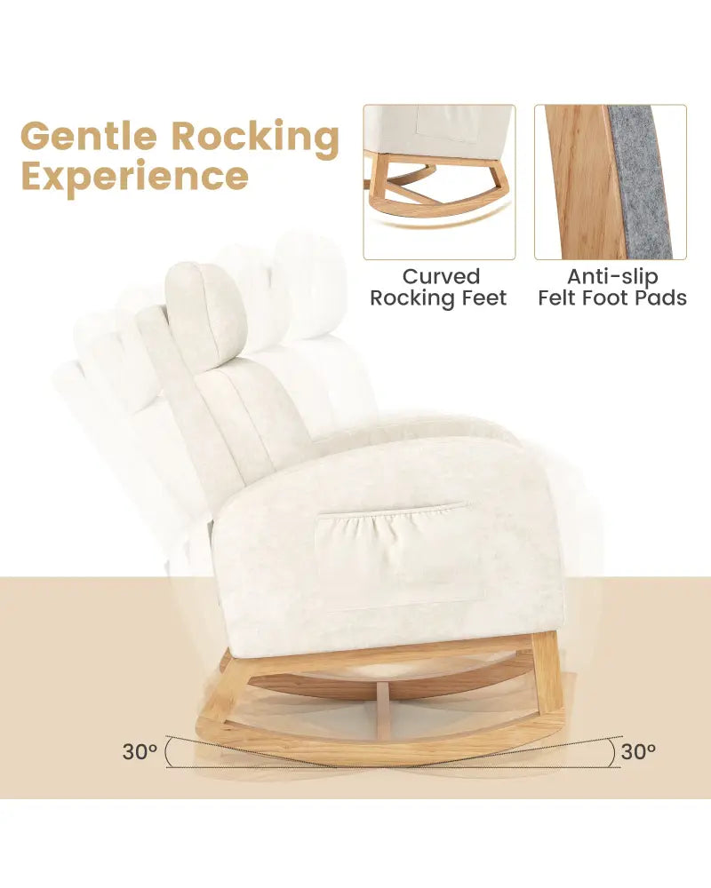 Nursery Rocking Chair Upholstered Chenille Rocker Armchair with Natural Rubber Wood Frame-Beige - Beige - Accent Chairs