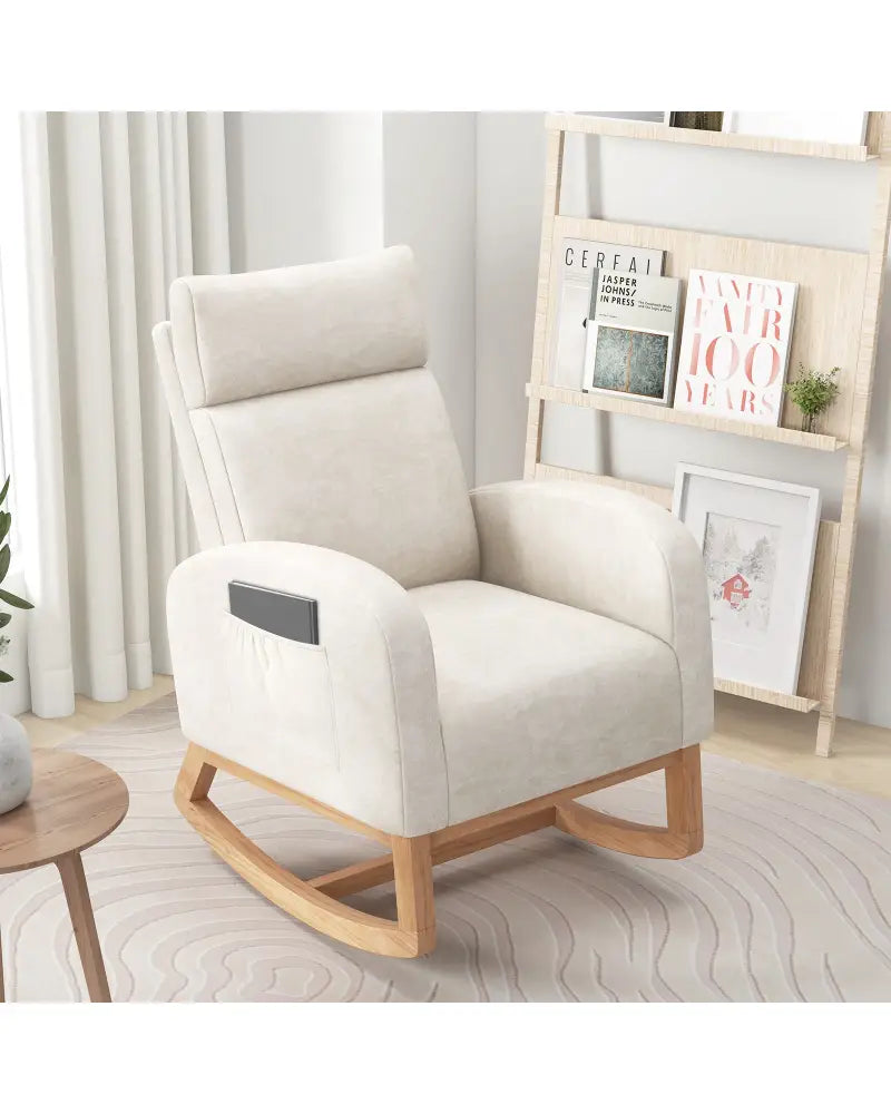 Nursery Rocking Chair Upholstered Chenille Rocker Armchair with Natural Rubber Wood Frame-Beige - Beige - Accent Chairs