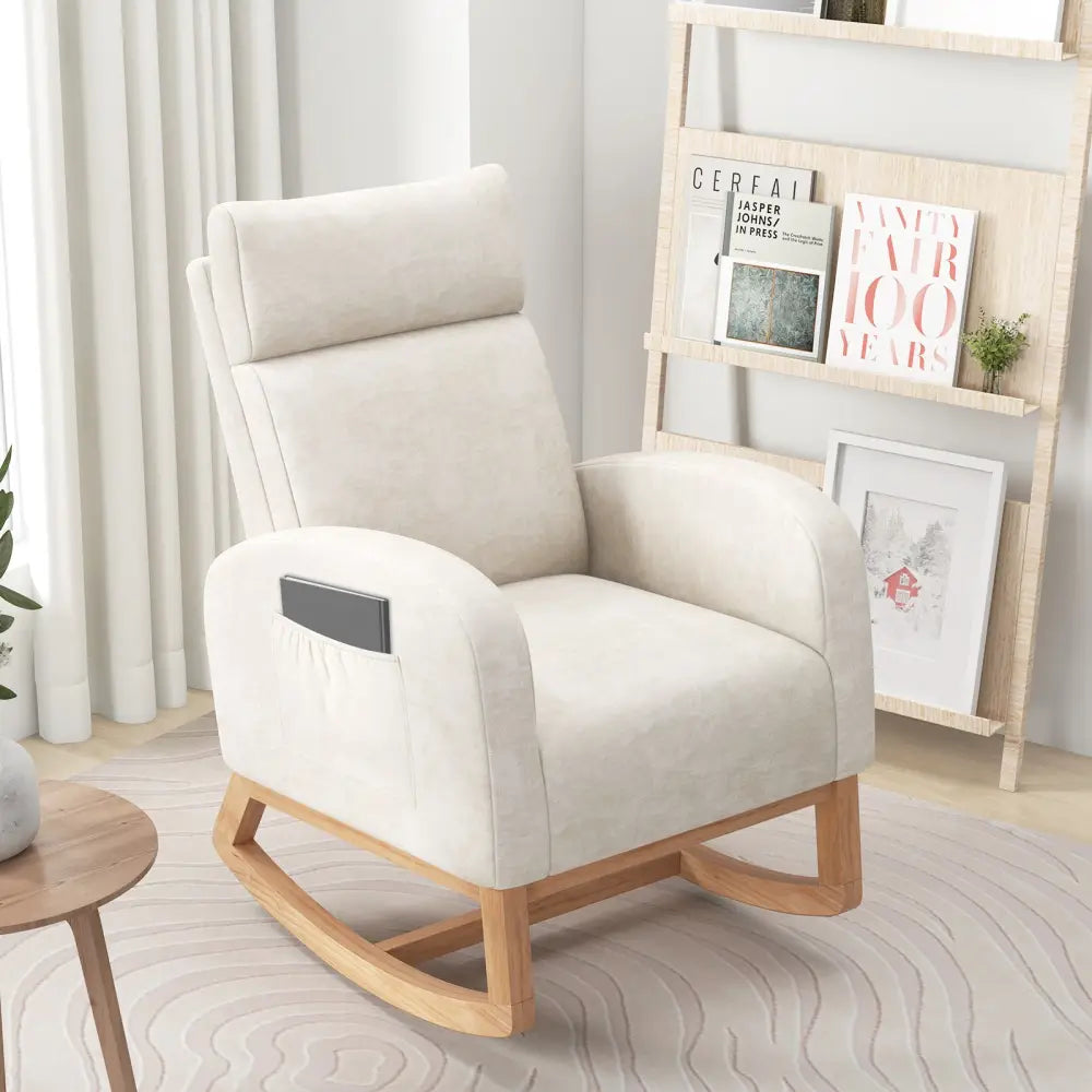 Nursery Rocking Chair Upholstered Chenille Rocker Armchair with Natural Rubber Wood Frame-Beige - Beige - Accent Chairs