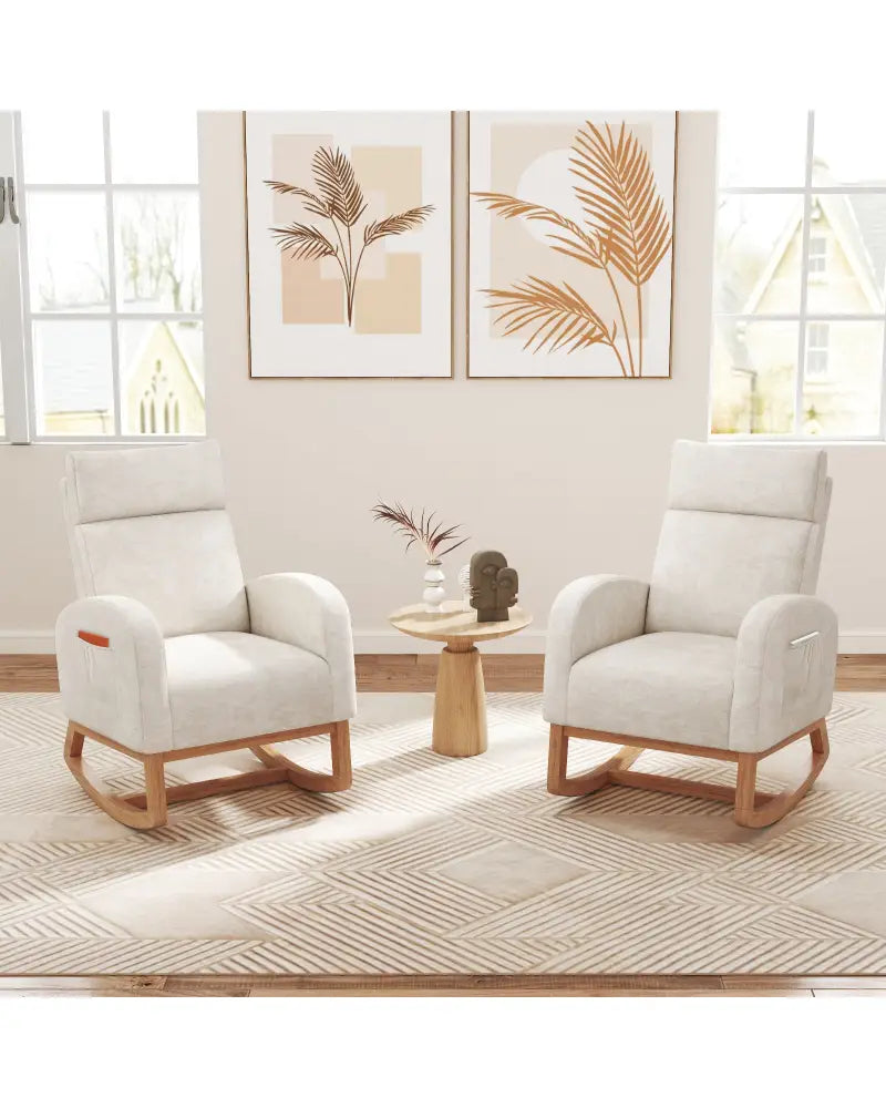 Nursery Rocking Chair Upholstered Chenille Rocker Armchair with Natural Rubber Wood Frame-Beige - Beige - Accent Chairs
