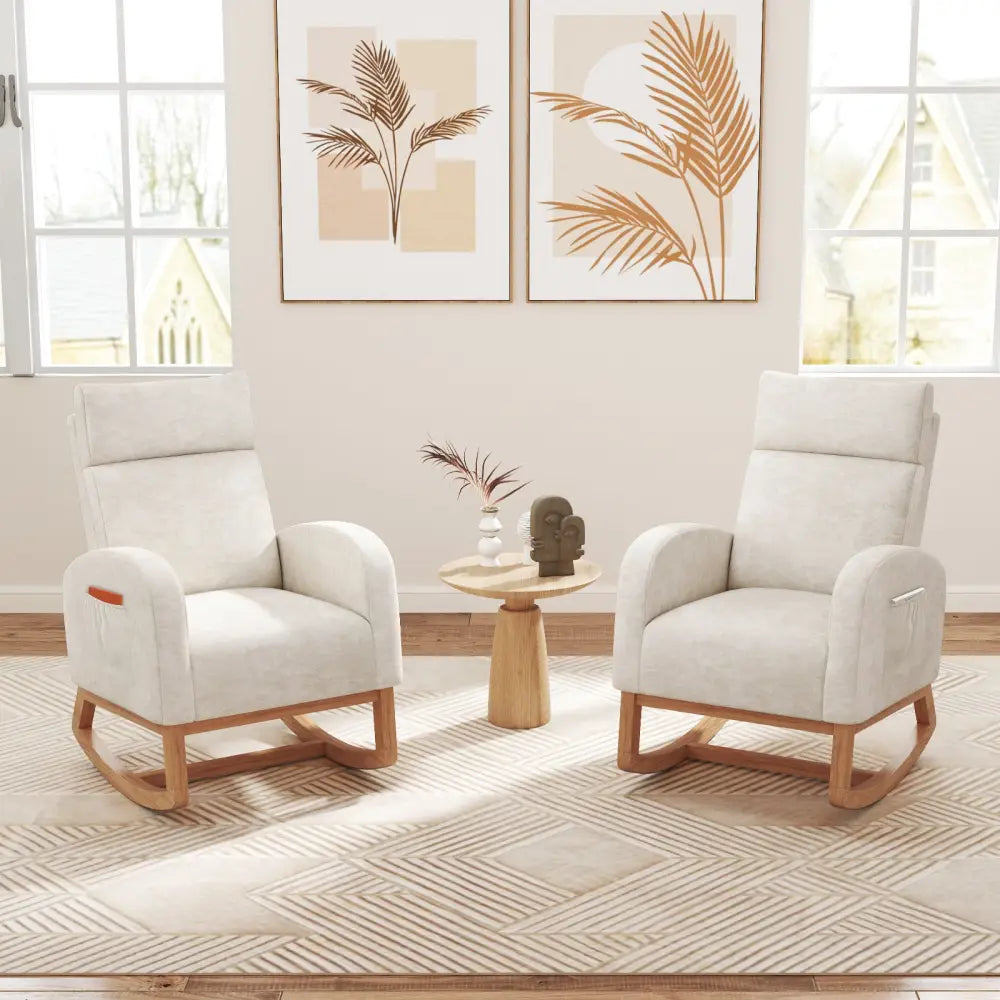 Nursery Rocking Chair Upholstered Chenille Rocker Armchair with Natural Rubber Wood Frame-Beige - Beige - Accent Chairs