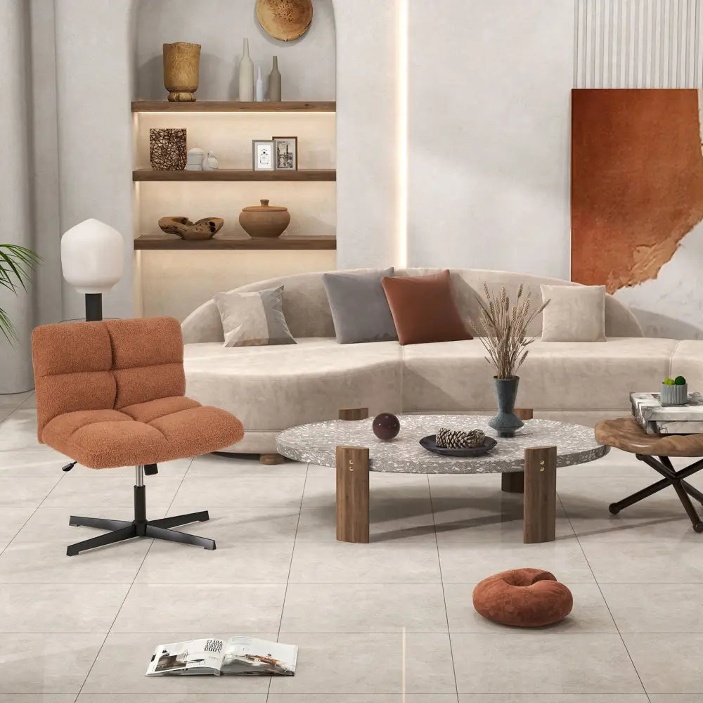 Office Armless Chair Cross Legged with Imitation Lamb Fleece and Adjustable Height-Brown - Brown - Armless Chairs