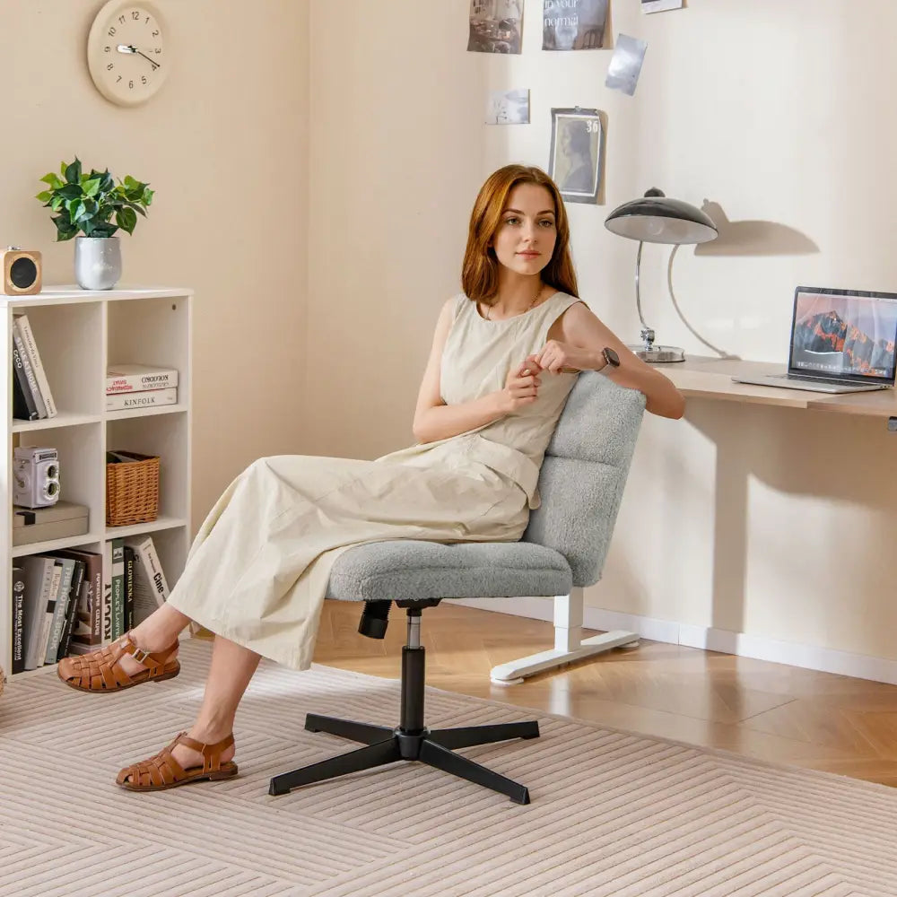 Office Armless Chair Cross Legged with Imitation Lamb Fleece and Adjustable Height-Gray - Gray - Armless Chairs